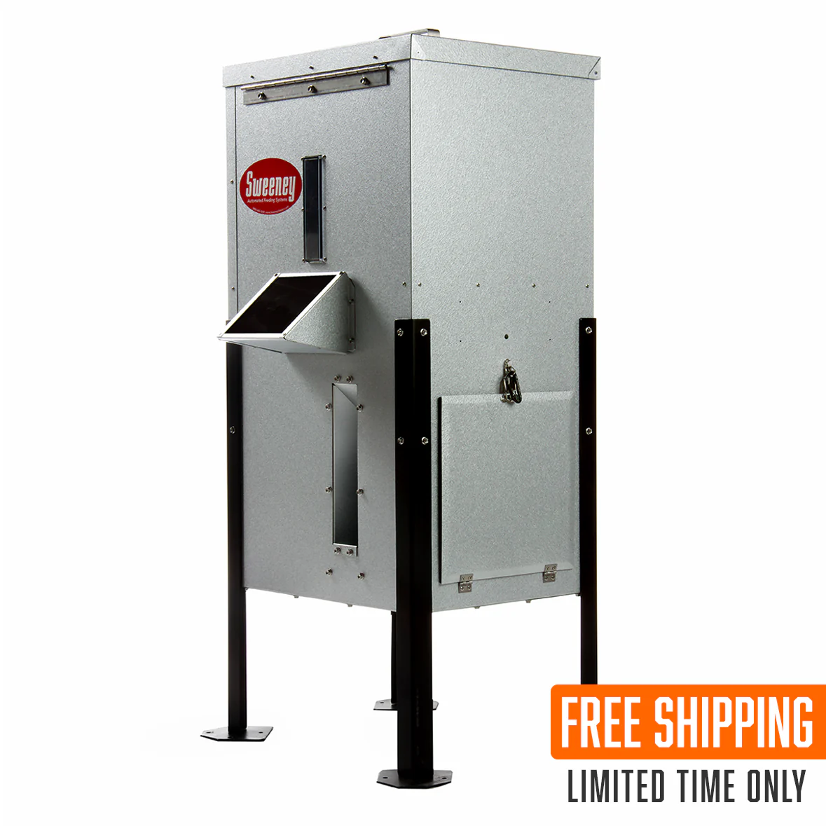 Sweeney Feeders 125 lb. Directional Fish Feeder, Silver with Dock Legs - Solar INCLUDED