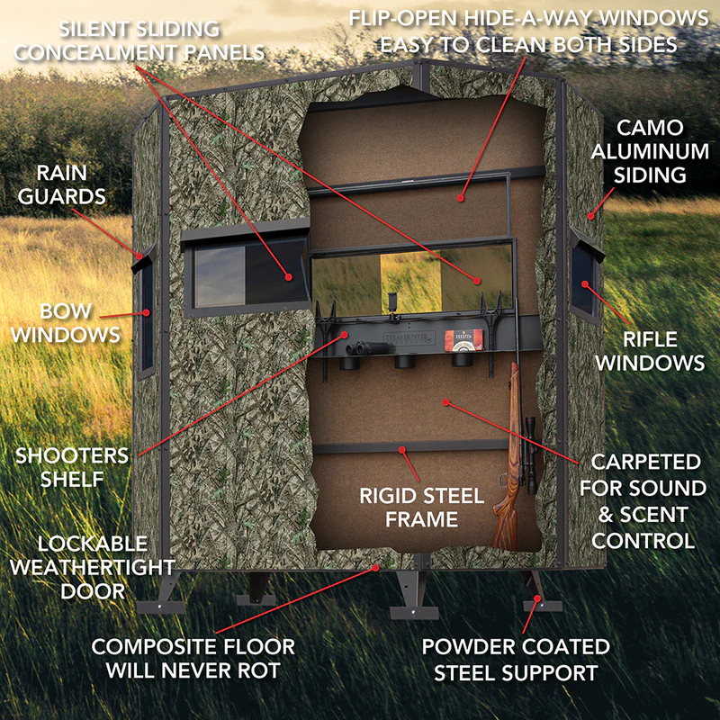 Texas Hunter Wrangler Rifle Octagon Shaped Camo Aluminum 5' x 7' Deer Blind with Ground Legs - Image 3